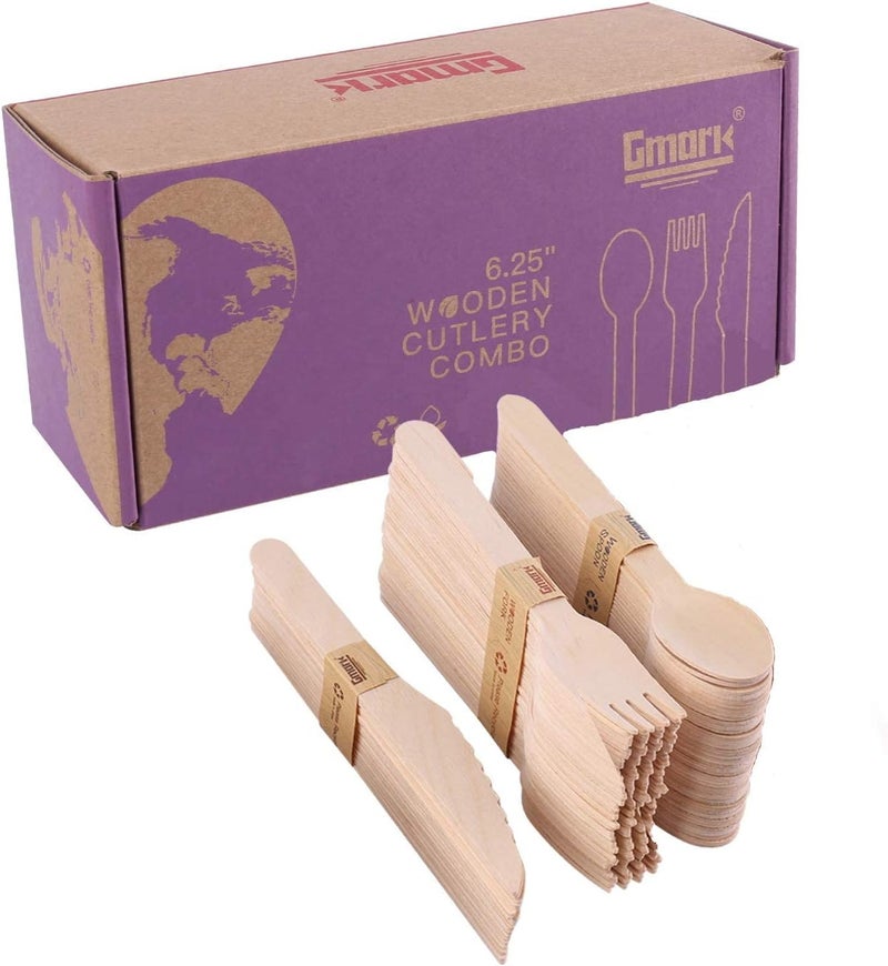 Gmark Disposable Wooden Cutlery 100pcs Set by Gmark  Biodegradable Utensils  40 Forks 40 Spoons and 20 Knives  Parties Events BBQ Weddings Picnics GM1046A - Image 1