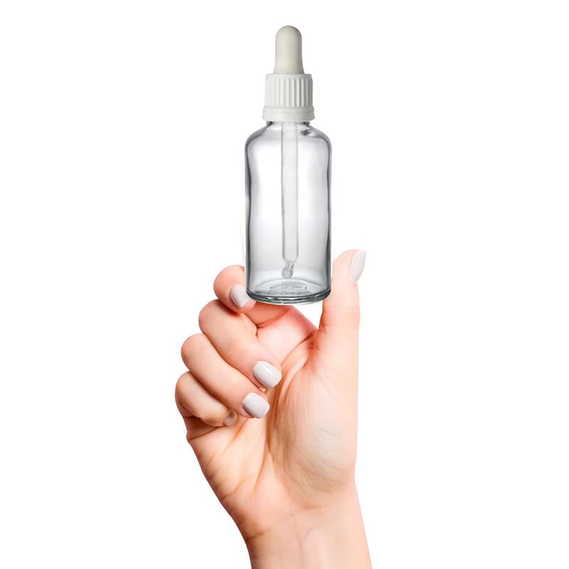 Devinez ديفينز (عبوة من 2) زجاجة شفافة دائرية قابلة لإعادة التعبئة بسعة 50 مل مع قطارة زجاجية بيضاء لمستحضرات التجميل، السيروم، الزيوت الأساسية، الخلطات، العناية بالبشرة، السفر، التونر وDIY - Image 2