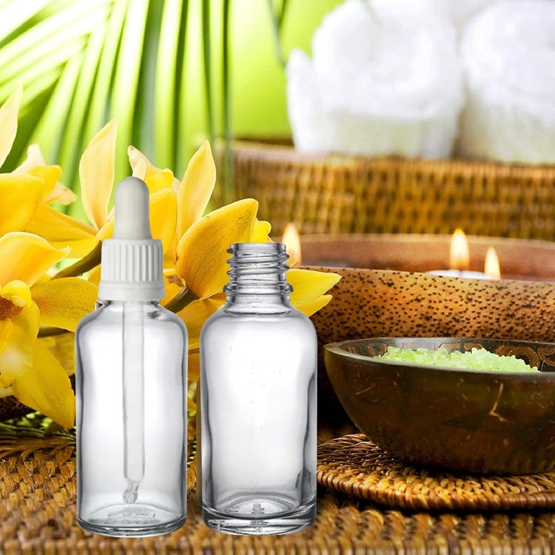 Devinez ديفينز (عبوة من 2) زجاجة شفافة دائرية قابلة لإعادة التعبئة بسعة 50 مل مع قطارة زجاجية بيضاء لمستحضرات التجميل، السيروم، الزيوت الأساسية، الخلطات، العناية بالبشرة، السفر، التونر وDIY - Image 4