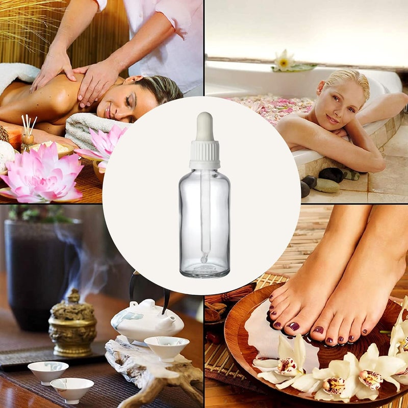 Devinez ديفينز (عبوة من 2) زجاجة شفافة دائرية قابلة لإعادة التعبئة بسعة 50 مل مع قطارة زجاجية بيضاء لمستحضرات التجميل، السيروم، الزيوت الأساسية، الخلطات، العناية بالبشرة، السفر، التونر وDIY - Image 3