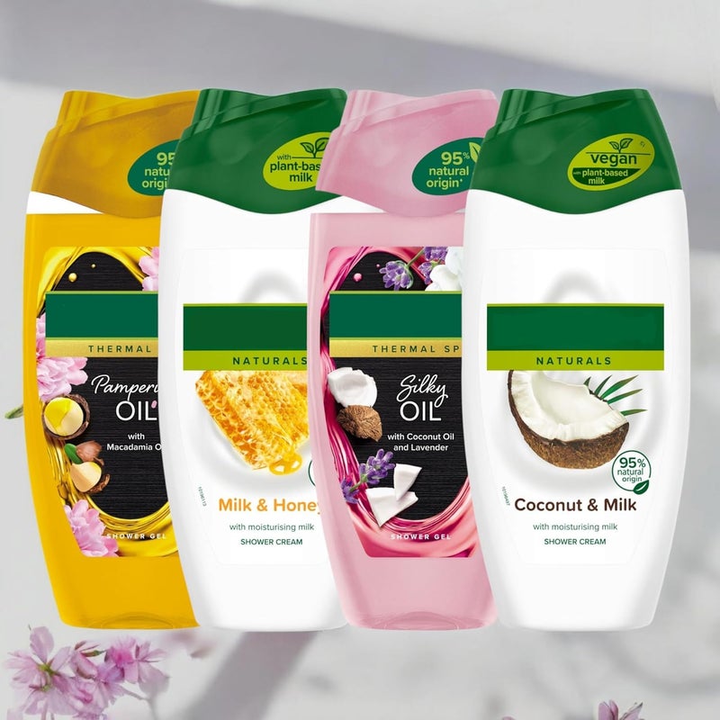 Shower Gel Body Wash Bundle 1 x MILK HONEY 1 x COCONUT MILK 1 x MACADAMIA OIL 1 x COCONUT OIL LAVENDER 4 x 250ml