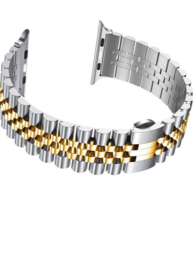 Replacement Band Compatible with Apple Watch 45mm / 44mm / 42mm, Stainless Steel Solid Strap Metal Bracelet for Apple Watch Series 7 6 5 4 3 2 SE (Silver + Gold) - Image 1