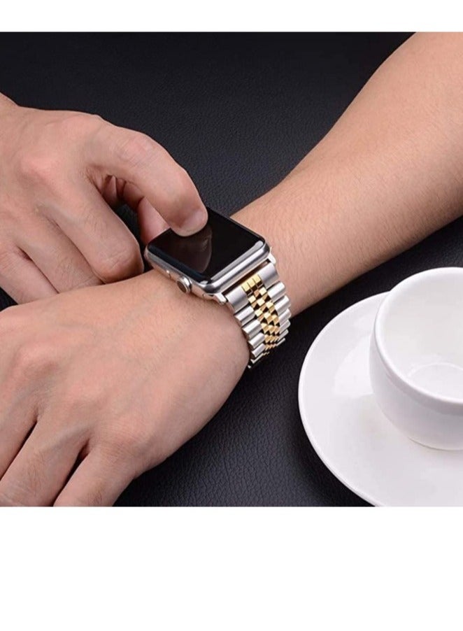 Replacement Band Compatible with Apple Watch 45mm / 44mm / 42mm, Stainless Steel Solid Strap Metal Bracelet for Apple Watch Series 7 6 5 4 3 2 SE (Silver + Gold) - Image 2