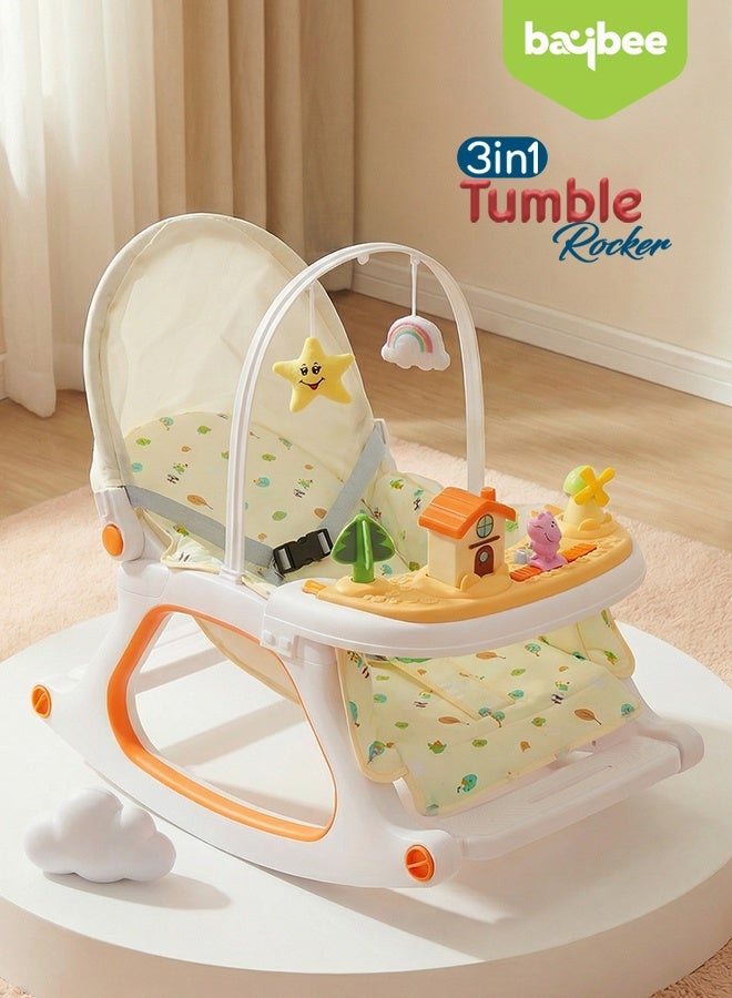 BAYBEE 3 in 1 Baby Rocker & Feeding Chair | Baby Rocking Chair for Kids with Soothing Rocking Motion, Adjustable Recline, Removable Food & Toy Tray, Safety Harness | Baby Rocker for Kids 0 to 3 Years Beige - Image 2