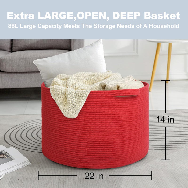 MEGASKET Extra Large Red Basket for Organizing, 22" X 22" X 14" Woven Cotton Rope Bins for Blankets, Baby Nursery Wicker Laundry Basket, Kids Dog Toy Storage Box, Big Red Living Room Decor Organizer - Image 3
