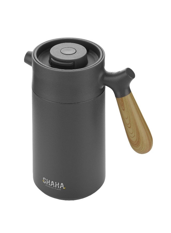 SHAHA قارورة مفرغة من الفولاذ المقاوم للصدأ بمقبض خشبي سعة 14 لترًا، رمادية - Image 1