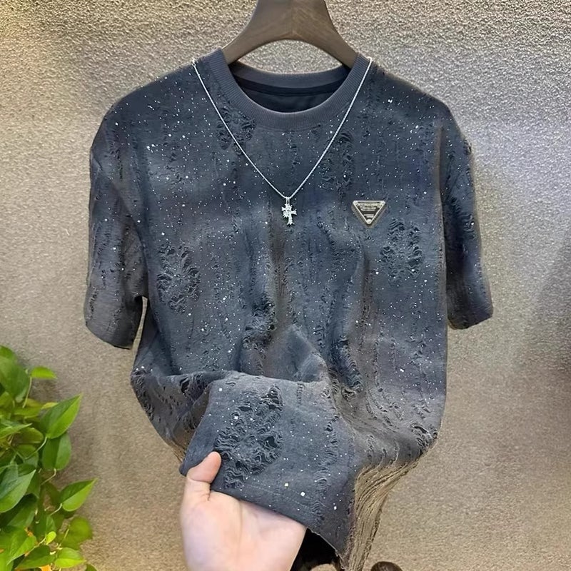 Short-Sleeved Men'S Baby'S Breath Accessible Luxury Round Neck Top Trendyy Versatile Ripped T-Shirt Men'S Half-Sleeved T-Shirt - Image 3