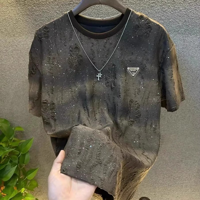 Short-Sleeved Men'S Baby'S Breath Accessible Luxury Round Neck Top Trendyy Versatile Ripped T-Shirt Men'S Half-Sleeved T-Shirt - Image 4