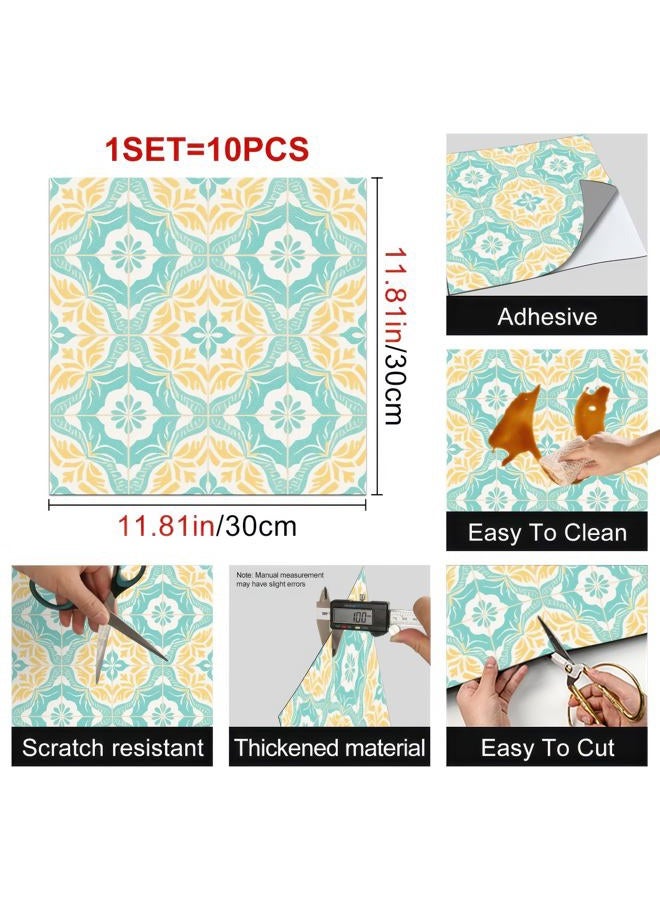 HOMETITUTE 10PCS 12x12 Inch Yellow Leaf and Turquoise Floral Medallion Pattern Floor Tiles Peel and Stick Removable Self Adhesive DIY Vinyl Flooring Stickers for Kitchen Bathroom Living Room Entryway Home Decor - Image 2