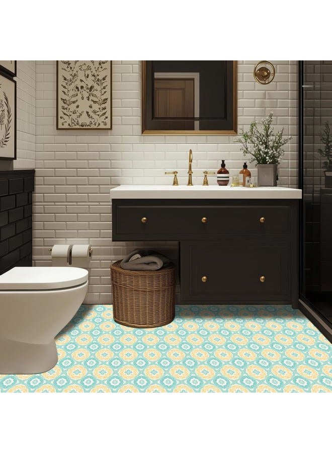 HOMETITUTE 10PCS 12x12 Inch Yellow Leaf and Turquoise Floral Medallion Pattern Floor Tiles Peel and Stick Removable Self Adhesive DIY Vinyl Flooring Stickers for Kitchen Bathroom Living Room Entryway Home Decor - Image 3
