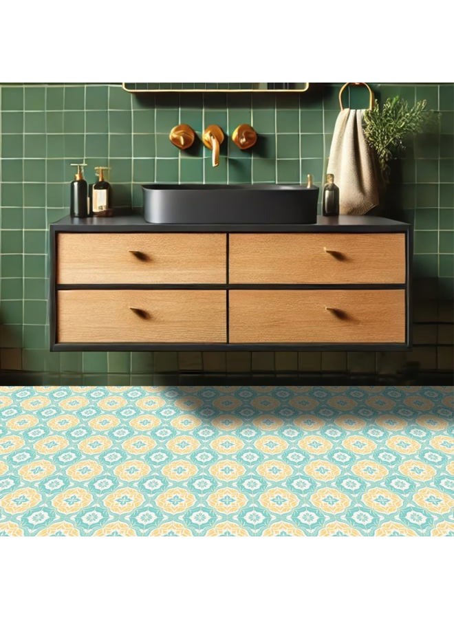 HOMETITUTE 10PCS 12x12 Inch Yellow Leaf and Turquoise Floral Medallion Pattern Floor Tiles Peel and Stick Removable Self Adhesive DIY Vinyl Flooring Stickers for Kitchen Bathroom Living Room Entryway Home Decor - Image 5