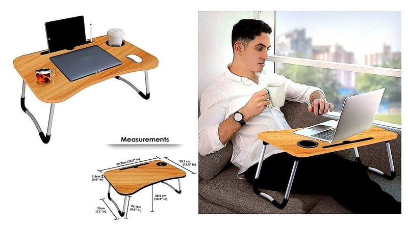 TEKCOOL Study Table Foldable Wooden Laptop Bed Tray Table, Multifunction Lap Tablet Desk with Cup Holder, Perfect for Eating Breakfast, Reading Book, Working, Watching Movie On Bed:: 60 cm - Image 3