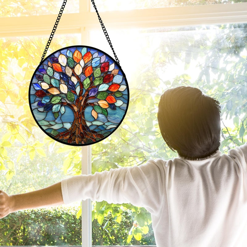 DASTOLL Stained Glass Window Hanging, Colorful Tree of Life Sun Catchers Glass Panel Blue Suncatcher Decor for Birthday for Women, Men, Wife, Aunt, and Mom 11.8x11.8 in - Image 4