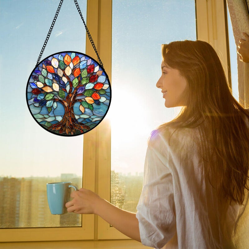 DASTOLL Stained Glass Window Hanging, Colorful Tree of Life Sun Catchers Glass Panel Blue Suncatcher Decor for Birthday for Women, Men, Wife, Aunt, and Mom 11.8x11.8 in - Image 3