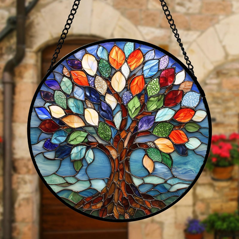 DASTOLL Stained Glass Window Hanging, Colorful Tree of Life Sun Catchers Glass Panel Blue Suncatcher Decor for Birthday for Women, Men, Wife, Aunt, and Mom 11.8x11.8 in - Image 2