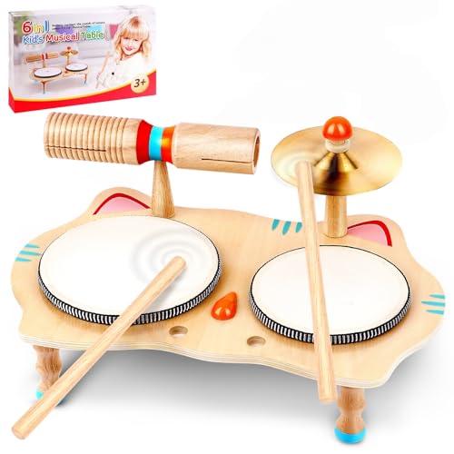 WINGYZ Kids Drum Set 6in1 Wooden Musical Instruments for Toddlers 13 Montessori Baby Music Set with Drums Cymbal Tone Block FSCCertified Cat Design Table for Home Classroom Learning Gift - Image 1