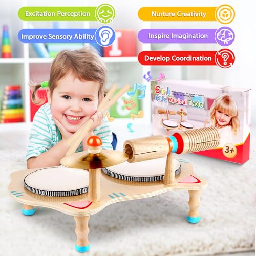 WINGYZ Kids Drum Set 6in1 Wooden Musical Instruments for Toddlers 13 Montessori Baby Music Set with Drums Cymbal Tone Block FSCCertified Cat Design Table for Home Classroom Learning Gift - Image 5