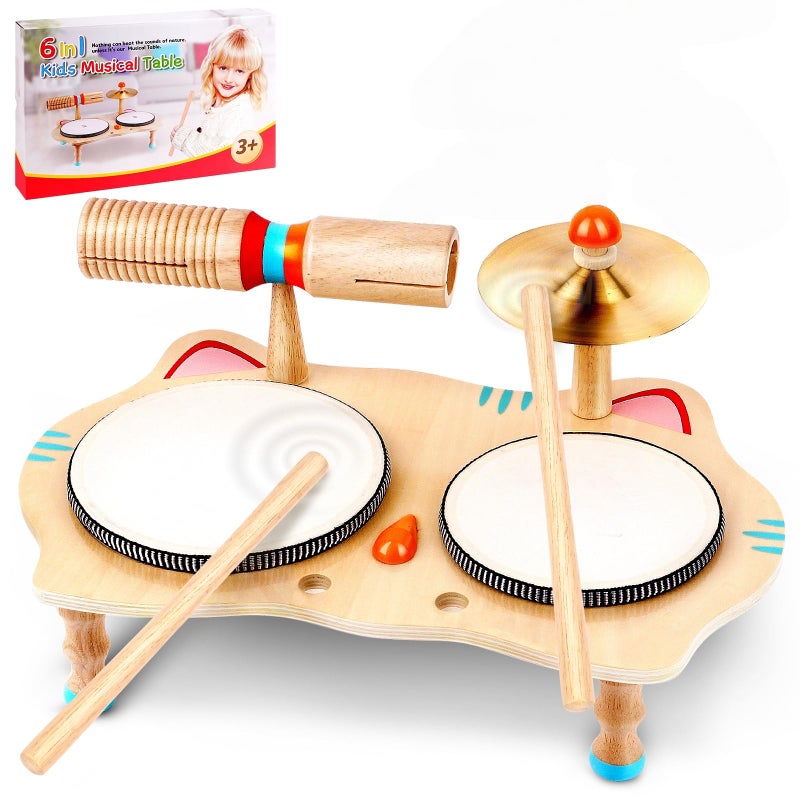 WINGYZ Kids Drum Set 6in1 Wooden Musical Instruments for Toddlers 13 Montessori Baby Music Set with Drums Cymbal Tone Block FSCCertified Cat Design Table for Home Classroom Learning Gift - Image 3