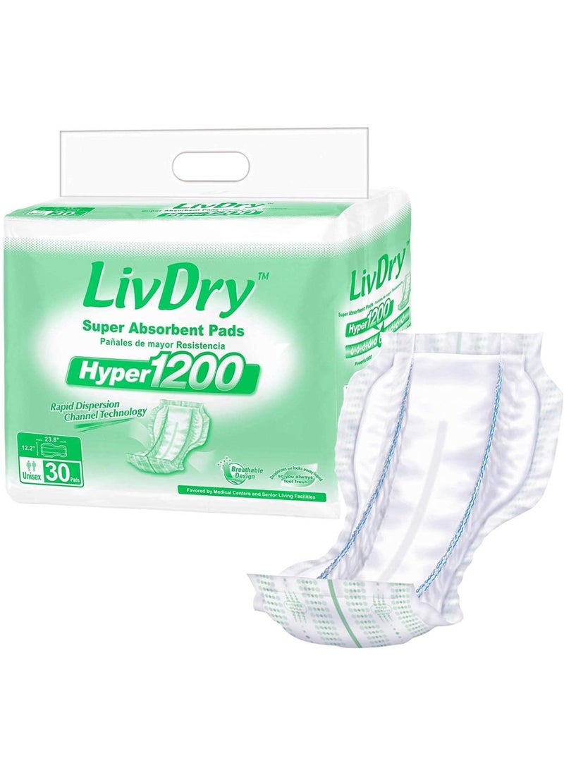 LIVDRY LivDry Incontinence Pad Insert for Men and Women | Hyper 1200 for Less Active Usage and More Protection (30 Count) 