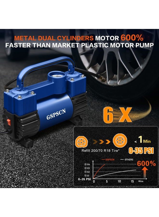 GSPSCN Blue Tire Inflator Heavy Duty Double Cylinders with Portable Bag - Car Accessories，Metal DC 12V Air Compressor Pump 150PSI w/Adapter for Car, Truck, SUV Tires, Dinghy, Air Bed, RV etc - Image 3