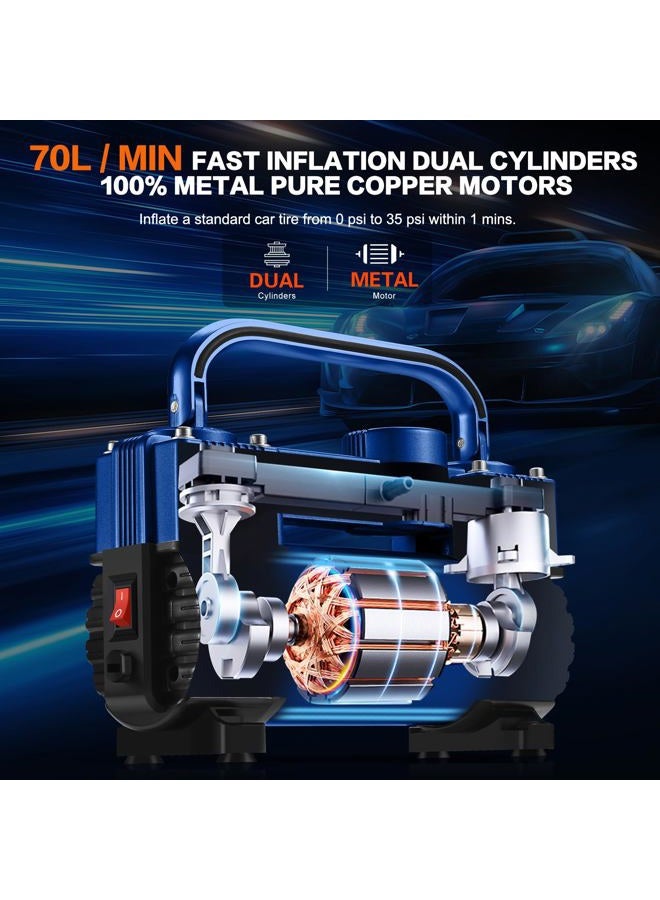 GSPSCN Blue Tire Inflator Heavy Duty Double Cylinders with Portable Bag - Car Accessories，Metal DC 12V Air Compressor Pump 150PSI w/Adapter for Car, Truck, SUV Tires, Dinghy, Air Bed, RV etc - Image 5
