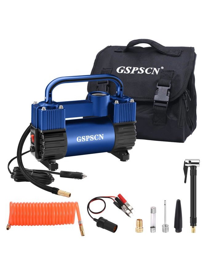 GSPSCN Blue Tire Inflator Heavy Duty Double Cylinders with Portable Bag - Car Accessories，Metal DC 12V Air Compressor Pump 150PSI w/Adapter for Car, Truck, SUV Tires, Dinghy, Air Bed, RV etc - Image 1