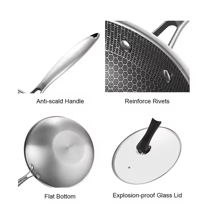 GALV Stainless Steel Cookware Cooking Frying pan Long Handle Honeycomb Chinese Wok pan with Dome Glass lid 32 cm - Image 3