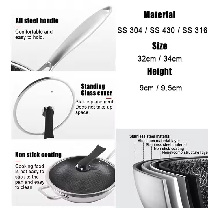 GALV Stainless Steel Cookware Cooking Frying pan Long Handle Honeycomb Chinese Wok pan with Dome Glass lid 32 cm - Image 2