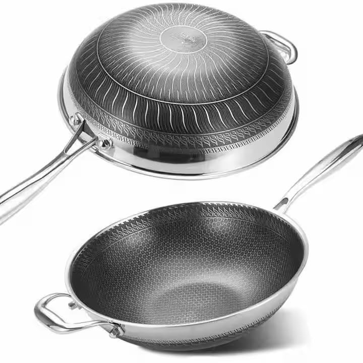 GALV Stainless Steel Cookware Cooking Frying pan Long Handle Honeycomb Chinese Wok pan with Dome Glass lid 32 cm - Image 4
