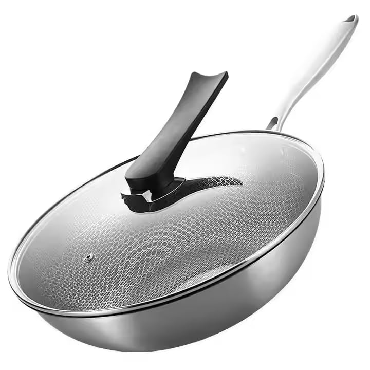GALV Stainless Steel Cookware Cooking Frying pan Long Handle Honeycomb Chinese Wok pan with Dome Glass lid 32 cm - Image 1