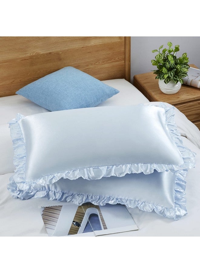 SiinvdaBZX Ruffled Queen Satin Pillowcase Set of 2, Baby Blue Silky Satin Pillow Cases for Women Ruffle Pillow Shams Covers Princess Room Decoration, with Envelope Closure - Image 2