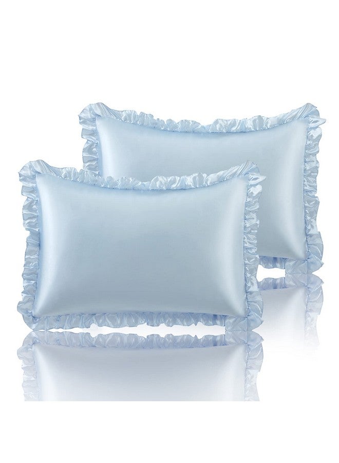 SiinvdaBZX Ruffled Queen Satin Pillowcase Set of 2, Baby Blue Silky Satin Pillow Cases for Women Ruffle Pillow Shams Covers Princess Room Decoration, with Envelope Closure - Image 1