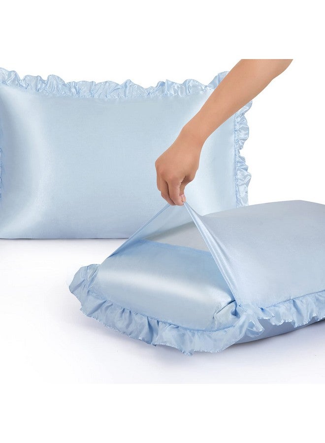 SiinvdaBZX Ruffled Queen Satin Pillowcase Set of 2, Baby Blue Silky Satin Pillow Cases for Women Ruffle Pillow Shams Covers Princess Room Decoration, with Envelope Closure - Image 5