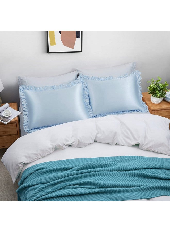 SiinvdaBZX Ruffled Queen Satin Pillowcase Set of 2, Baby Blue Silky Satin Pillow Cases for Women Ruffle Pillow Shams Covers Princess Room Decoration, with Envelope Closure - Image 3