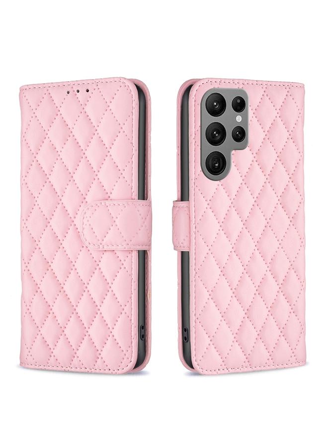 جراب هاتف من الجلد بتصميم محفظة شبكية ماسية لهاتف Samsung Galaxy S25 Ultra 5G (وردي)