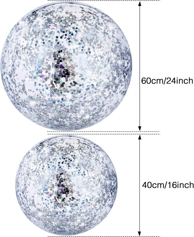 Hsei 3 Pcs Inflatable Beach Ball 16 Inch Glitter Summer Swimming Pool Disco Balls with Confetti Floatable Blow up Toys Decorations for Beach Wedding Outdoor birthday Party Favor(Silver) - Image 2