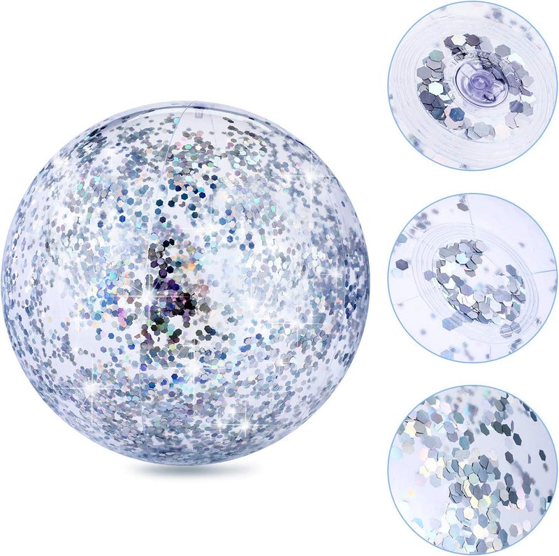 Hsei 3 Pcs Inflatable Beach Ball 16 Inch Glitter Summer Swimming Pool Disco Balls with Confetti Floatable Blow up Toys Decorations for Beach Wedding Outdoor birthday Party Favor(Silver) - Image 3