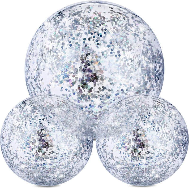 Hsei 3 Pcs Inflatable Beach Ball 16 Inch Glitter Summer Swimming Pool Disco Balls with Confetti Floatable Blow up Toys Decorations for Beach Wedding Outdoor birthday Party Favor(Silver) - Image 1