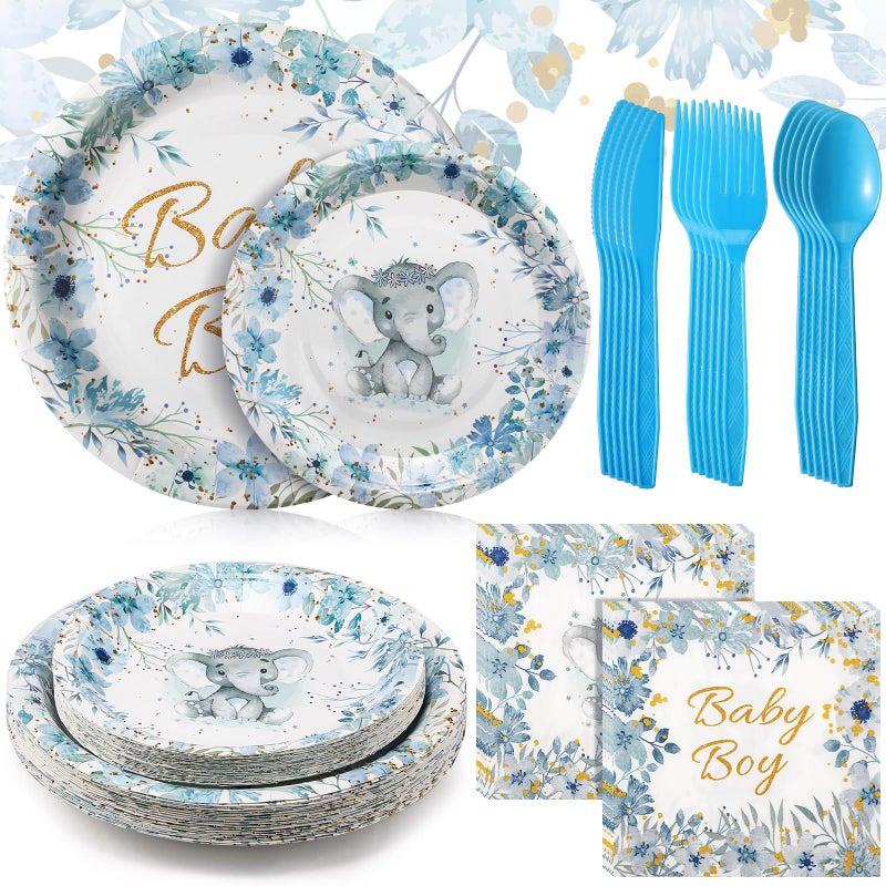 Fumete 144 Pcs Elephant Theme Baby Shower Decorations Party Tableware Set for 24 Guests Include Paper Baby Shower Plates Napkins Cutlery Plastic Forks Spoons KnivesBoy