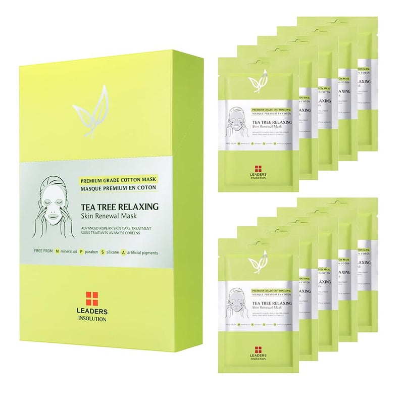 Leaders Insolution Tea Tree Relaxing Skin Renewal Mask Soothing Facial Sheet for Acne Oil Control and Sensitive Skin Hydrating Botanicals Calms Redness Smooth 10 Sheets
