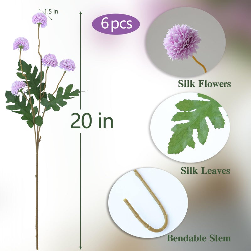 mizii 6Pcs Purple Fake Silk Pompon Mum Artificial Flowers Bulk Small Faux Chrysanthemums with Stems Realistic Floral Decorations for Wedding DIY Bouquet Centerpieces Shower Vase Home Decor (Purple) - Image 2