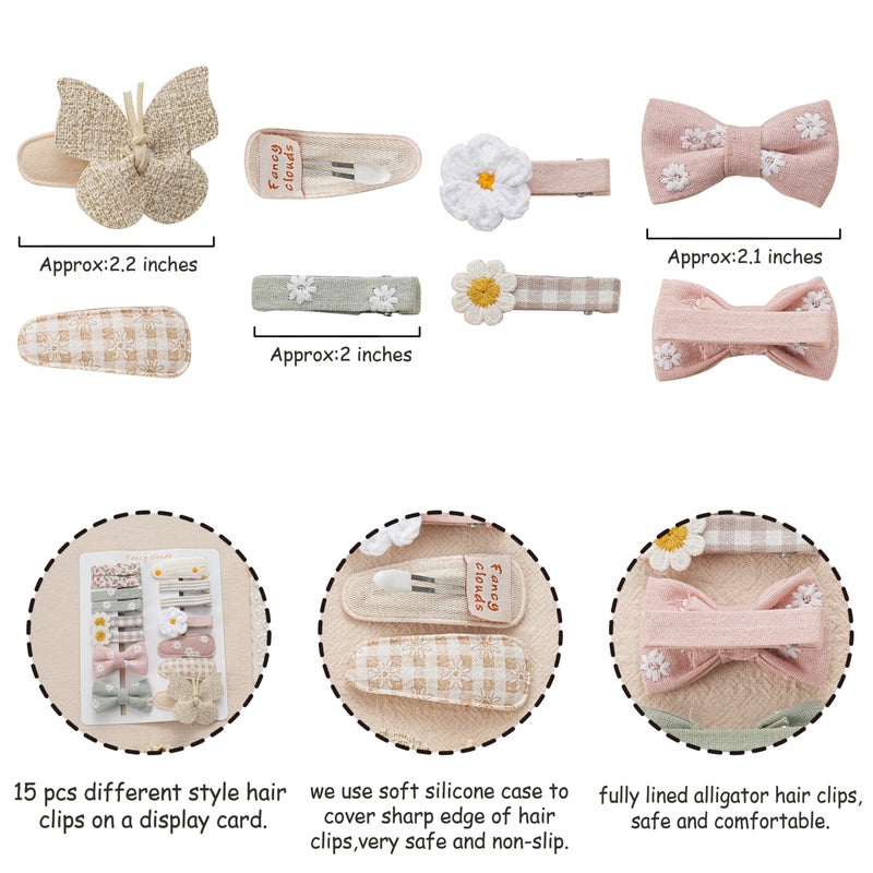 Fancy Clouds 15 Pcs Hair Clips for Girls with Bows Butterfly Flower,2" Fully Lined Alligator Clips and Barrettes,Handmade Hair Accessories for Baby Toddler Young Kids School Age Girls Gifts - Image 4