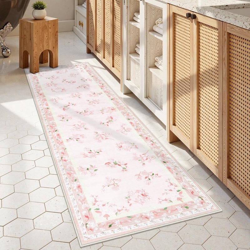 LIVEBOX Floral Girls Rugs for Bedroom, 2 x 6 Washable Nursery Runner Rug, Non Slip Boho Pink Area Rug Soft Runners for Bathroom, Ultra Thin Flower Indoor Carpet Runner for Kitchen, Pink - Image 2