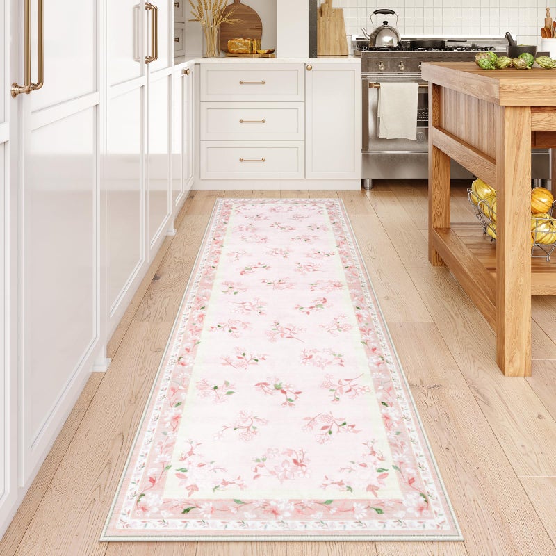 LIVEBOX Floral Girls Rugs for Bedroom, 2 x 6 Washable Nursery Runner Rug, Non Slip Boho Pink Area Rug Soft Runners for Bathroom, Ultra Thin Flower Indoor Carpet Runner for Kitchen, Pink - Image 1