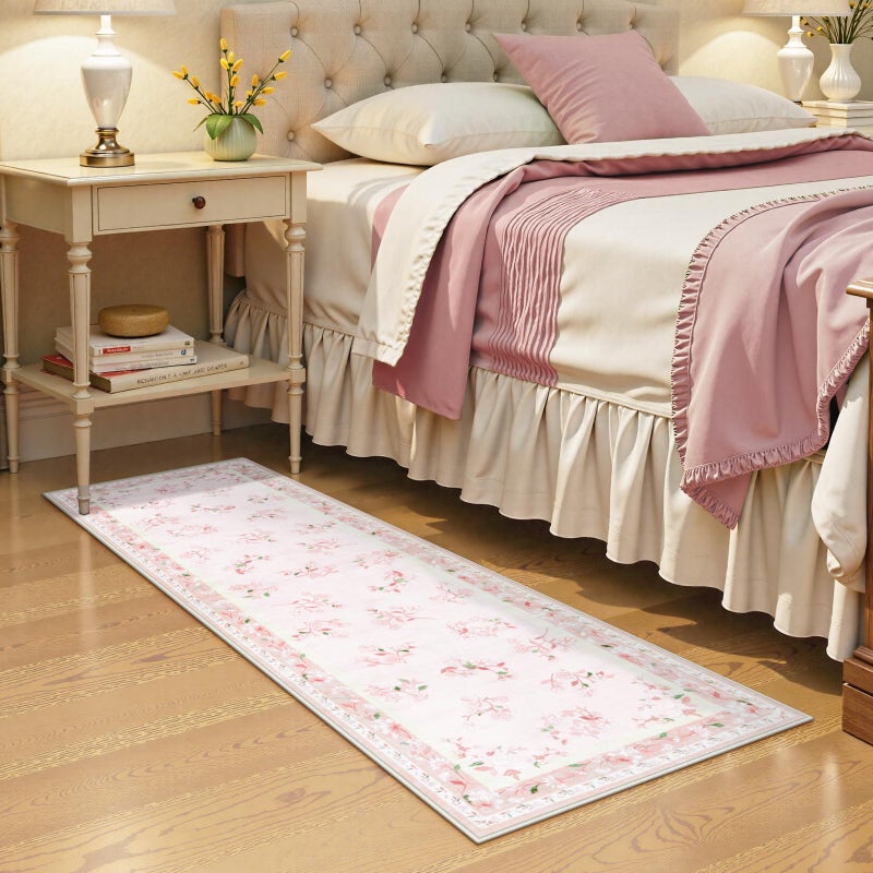 LIVEBOX Floral Girls Rugs for Bedroom, 2 x 6 Washable Nursery Runner Rug, Non Slip Boho Pink Area Rug Soft Runners for Bathroom, Ultra Thin Flower Indoor Carpet Runner for Kitchen, Pink - Image 4