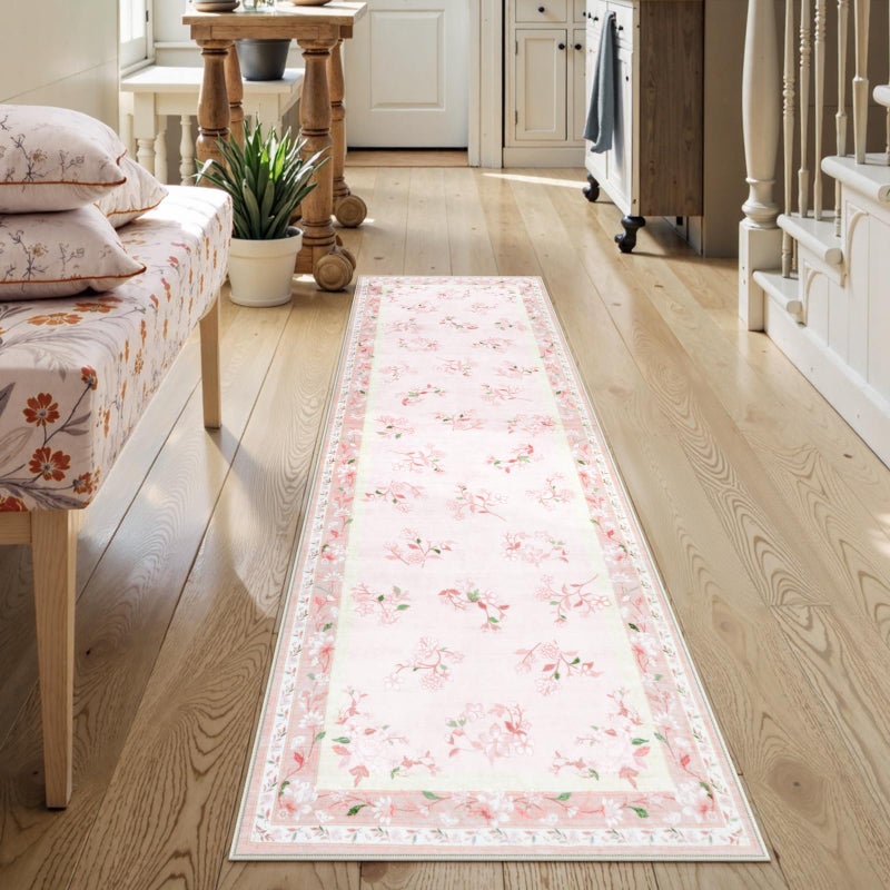 LIVEBOX Floral Girls Rugs for Bedroom, 2 x 6 Washable Nursery Runner Rug, Non Slip Boho Pink Area Rug Soft Runners for Bathroom, Ultra Thin Flower Indoor Carpet Runner for Kitchen, Pink - Image 3