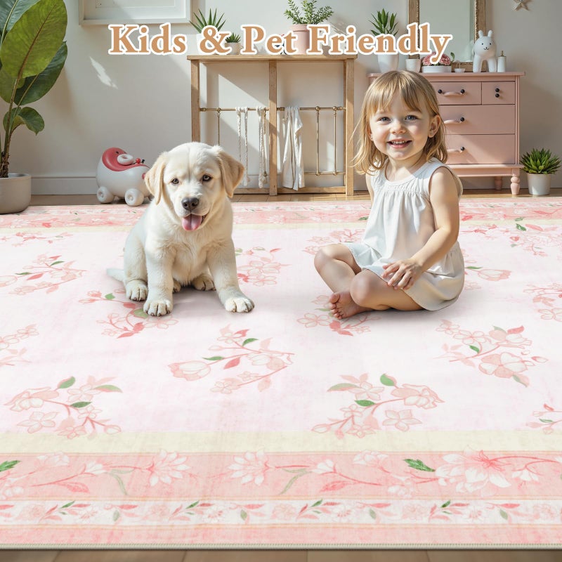 LIVEBOX Floral Girls Rugs for Bedroom, 2 x 6 Washable Nursery Runner Rug, Non Slip Boho Pink Area Rug Soft Runners for Bathroom, Ultra Thin Flower Indoor Carpet Runner for Kitchen, Pink - Image 5