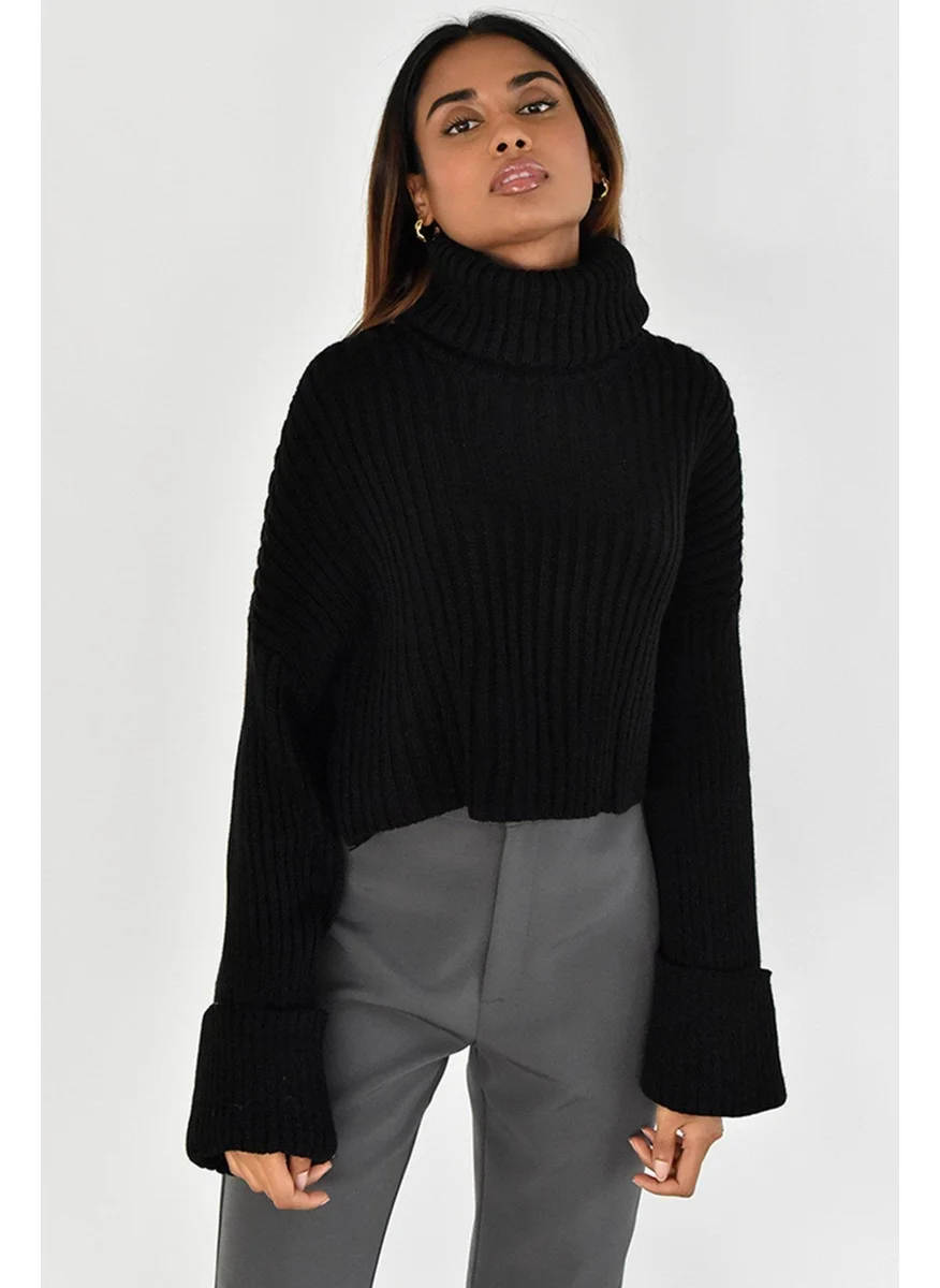 Tena Women's Black Sleeve Folded Full Fisherman Crop Knitwear Sweater