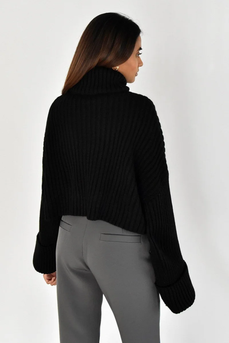 Tena Women's Black Sleeve Folded Full Fisherman Crop Knitwear Sweater