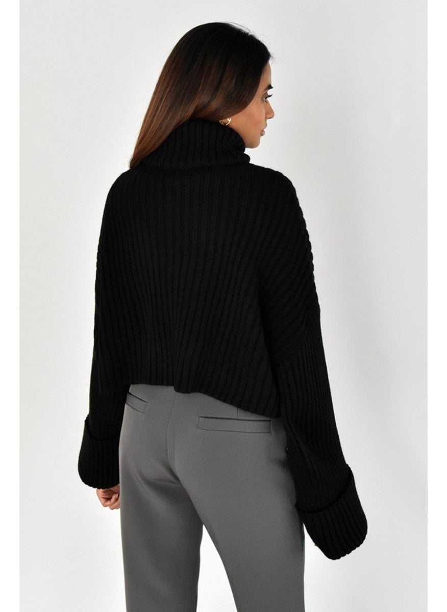 Tena Women's Black Sleeve Folded Full Fisherman Crop Knitwear Sweater  - Image 3